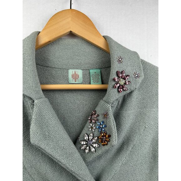 Anthropologie Hi-Line Embellished Knit Cardigan Jacket Medium Sage Green Beaded - Picture 3 of 10